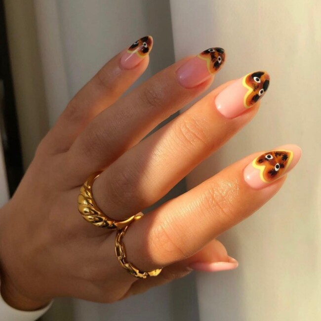 75 Ways to wear Tortoiseshell Nails — Heart Face French Tip Nail Art