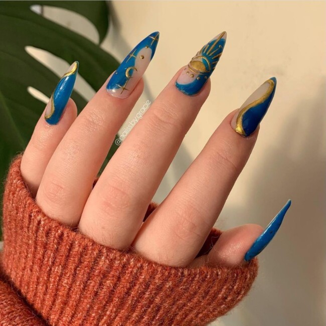 50+ Celestial Nail Art Design — Blue and Gold Celestial Stiletto Nails