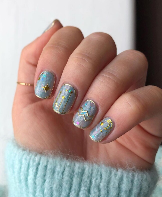 50+ Celestial Nail Art Design — Gold Outline Astrology Nails