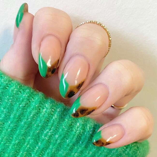 75 Ways to wear Tortoiseshell Nails — Half Green Half Tortoise French Tip Nails