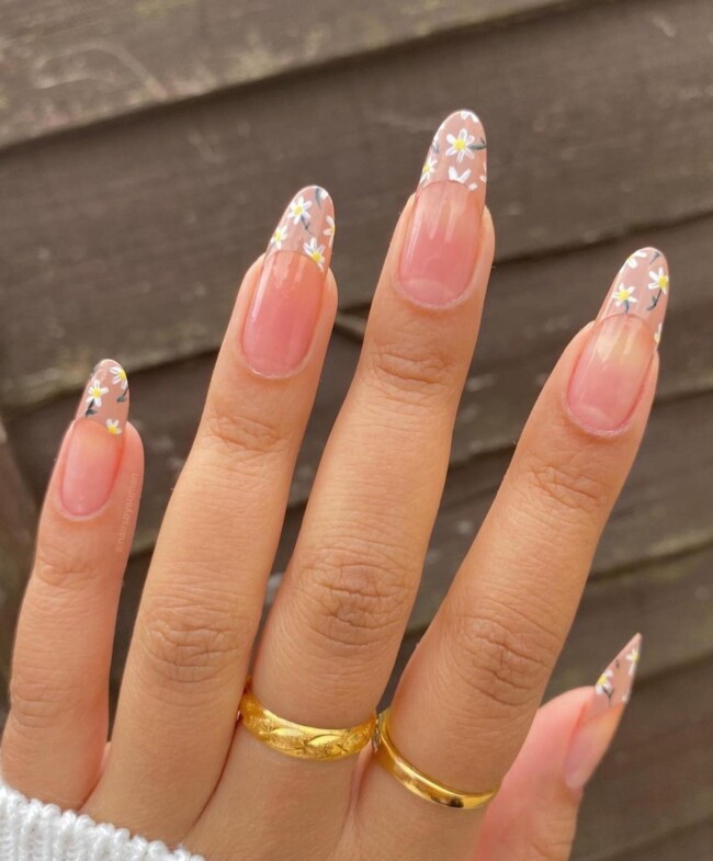 52 Super Pretty Floral Nail Designs — Nude French Tips with Daisy Accents