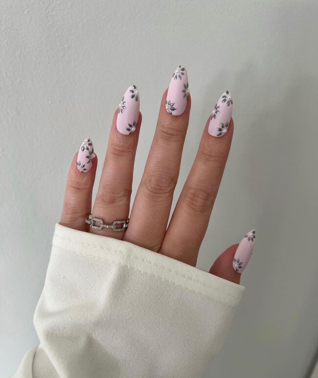 52 Super Pretty Floral Nail Designs —Silver Flower Matte Pink Nails