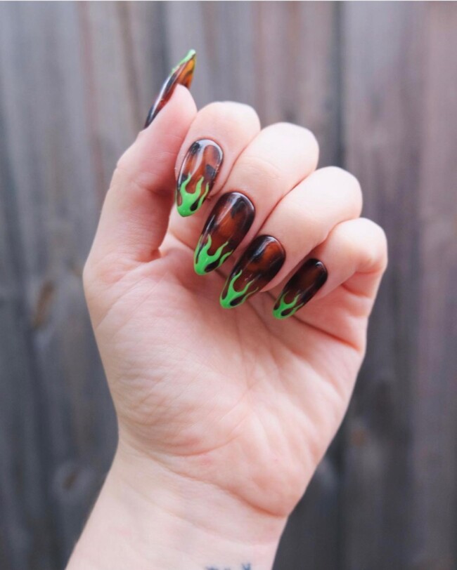 77 Summer French Nails That’ll Match Your Wardrobe — Green Hot Flame French Tip Tortoiseshell Nail Art