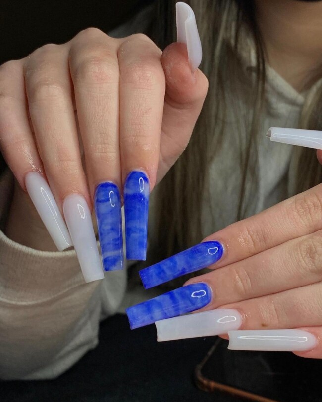 50+ Royal Blue Nail Designs for Everyone — Marble Royal Blue and White Sheer Nails