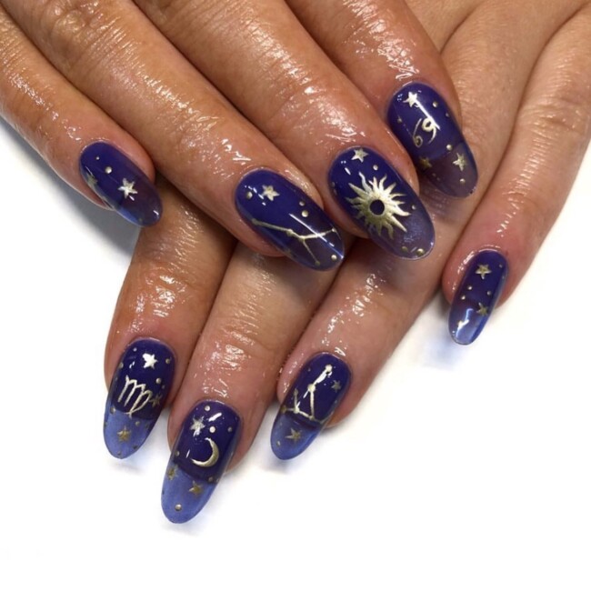 50+ Celestial Nail Art Design — Midnight Blue Jelly Nails with Gold Constellation