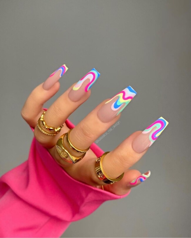 77 Summer French Nails That’ll Match Your Wardrobe — Rainbow Wiggly Wave Tip Acrylic Long Nails