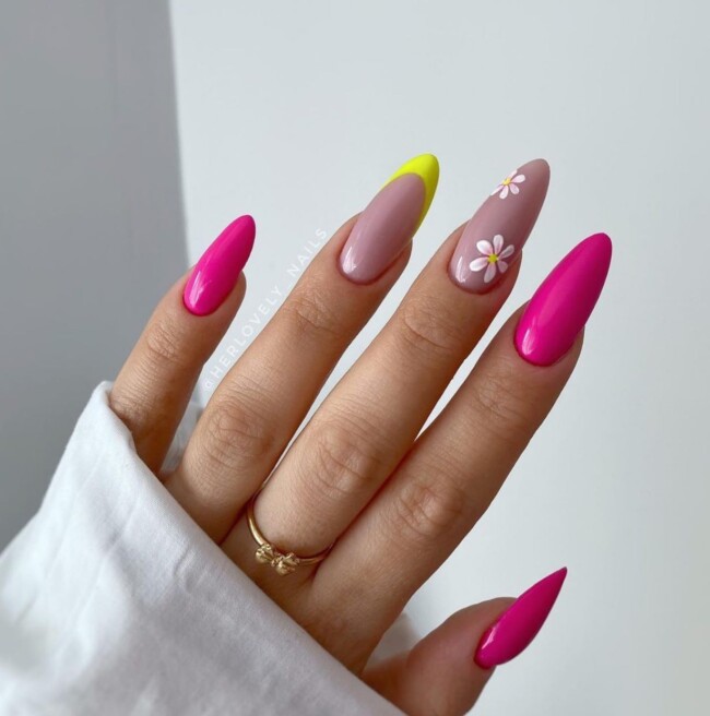 52 Super Pretty Floral Nail Designs — Mixed Flower, Pink and Yellow French Tip Nails