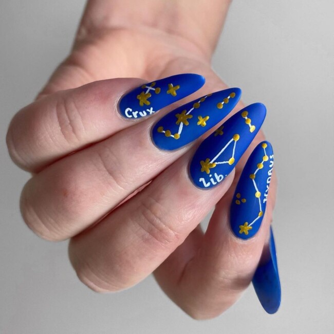 50+ Celestial Nail Art Design — Bright Blue Constellation Stiletto Nails