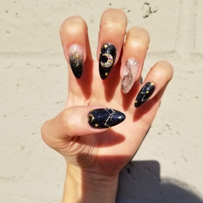 50+ Celestial Nail Art Design — Marble and Black Constellation Nails