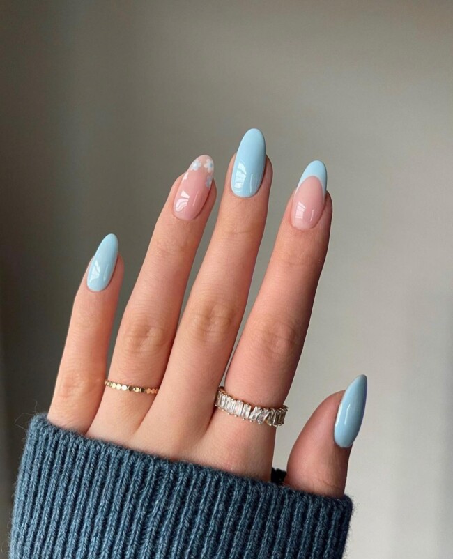 52 Super Pretty Floral Nail Designs — Baby Blue& Flower French Tip Nails