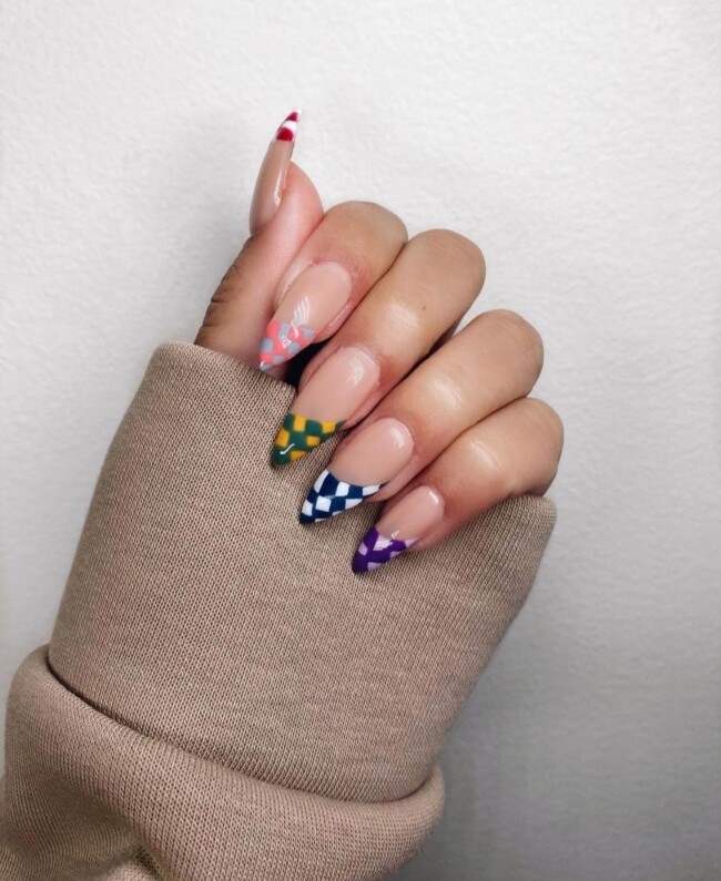 77 Summer French Nails That’ll Match Your Wardrobe — Different Color Checkered Board French