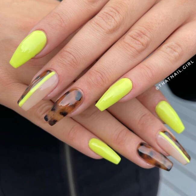 75 Ways to wear Tortoiseshell Nails — Neon Yellow & Tortoiseshell Nail Art