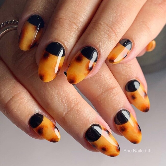 75 Ways to wear Tortoiseshell Nails — Black Half Moon Tortoiseshell Nails