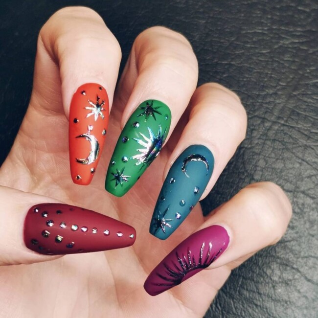 50+ Celestial Nail Art Design — 10  Jewel Tone Celestial Coffin Nails