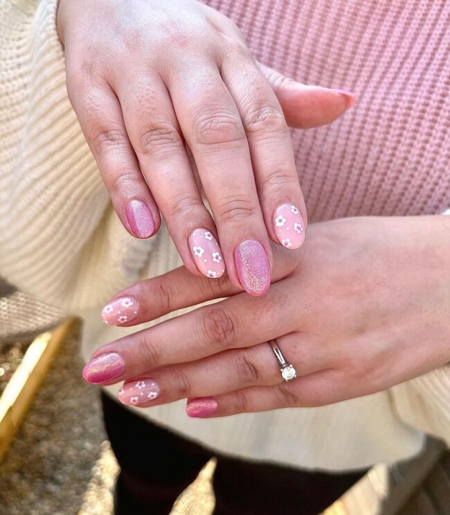 52 Super Pretty Floral Nail Designs — Pink Glitter & Flower Nails