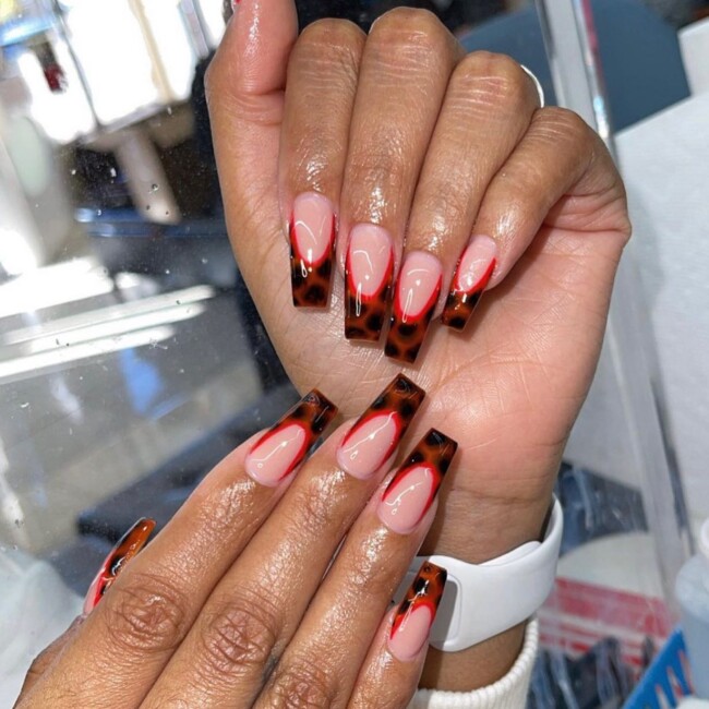 75 Ways to wear Tortoiseshell Nails — Acrylic Tortoiseshell French Tips with Red Border