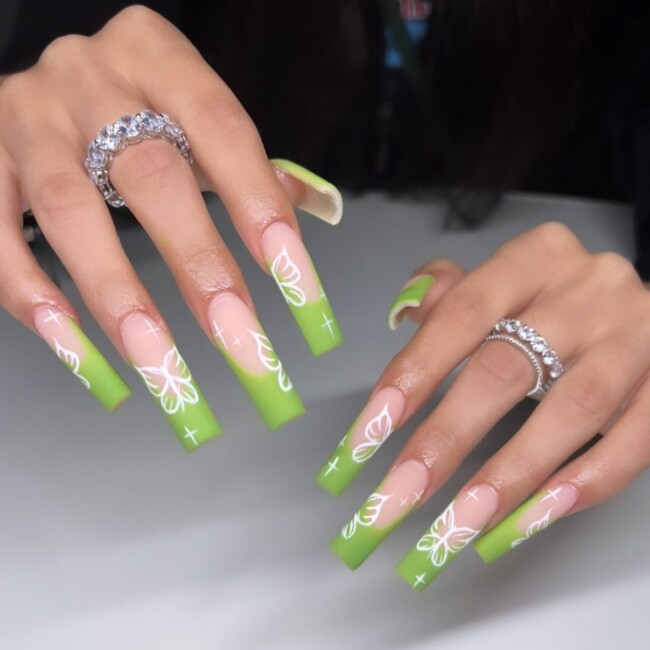 77 Summer French Nails That’ll Match Your Wardrobe — Green French Nails with White Butterflies