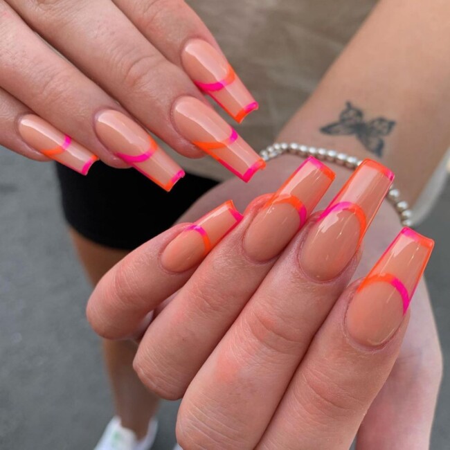 77 Summer French Nails That’ll Match Your Wardrobe — Ombre Pink and Orange Double French Nails