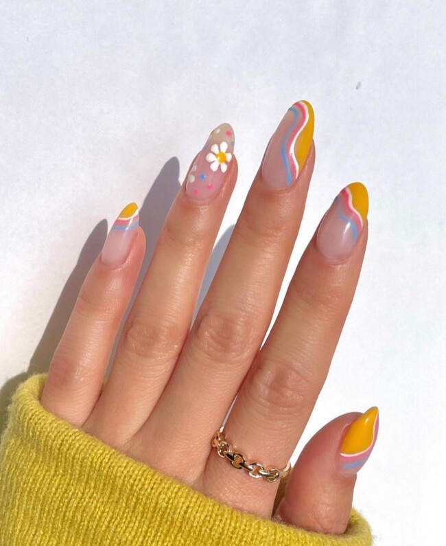 52 Super Pretty Floral Nail Designs — Flower & Yellow Swirl Nails