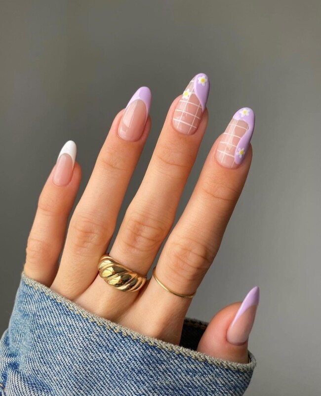 52 Super Pretty Floral Nail Designs — Lilac Abstract Tip Nails with Flowers