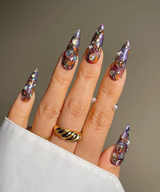 50+ Celestial Nail Art Design — Celestial Nail Art Design with Butterflies Accent