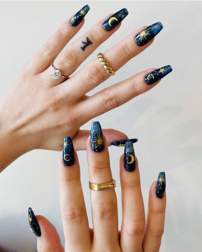 celestial nails, astonishing nails, celestial nail art design, moon and stars nails, celestial nail designs, galaxy nails, celestial nails acrylic, sun and moon nail art designs, black celestial nails, star nails, constellation nails