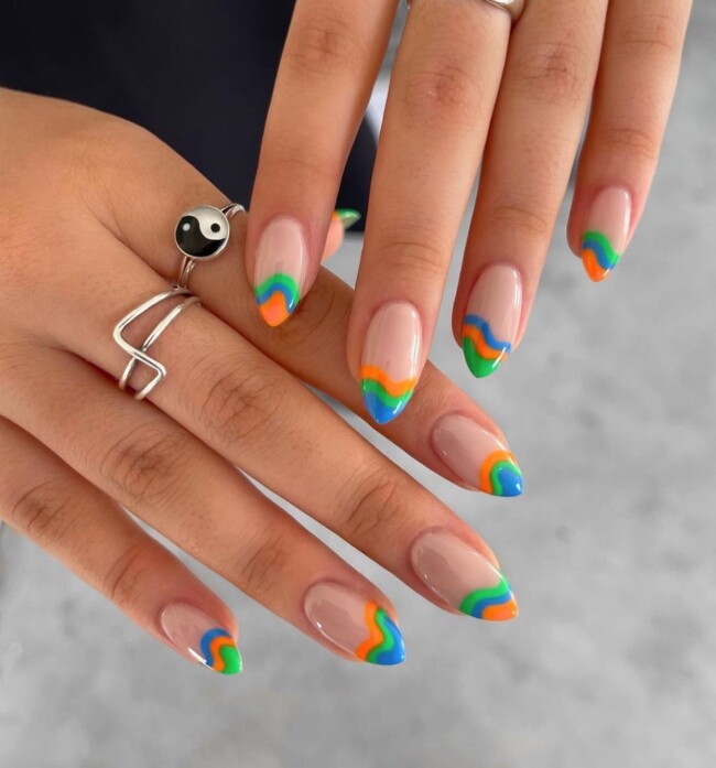 77 Summer French Nails That’ll Match Your Wardrobe — Bright Three Tone French Nails