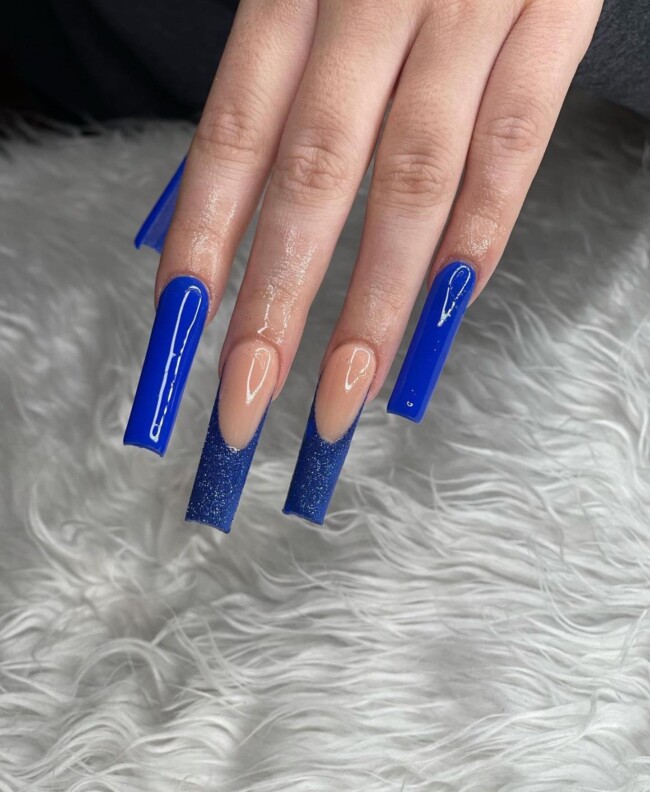 50+ Royal Blue Nail Designs for Everyone — Glitter Royal Blue French Tip Nails