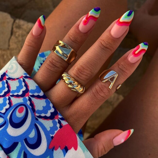 77 Summer French Nails That’ll Match Your Wardrobe — Bright Color Drip French Tip Nail Art