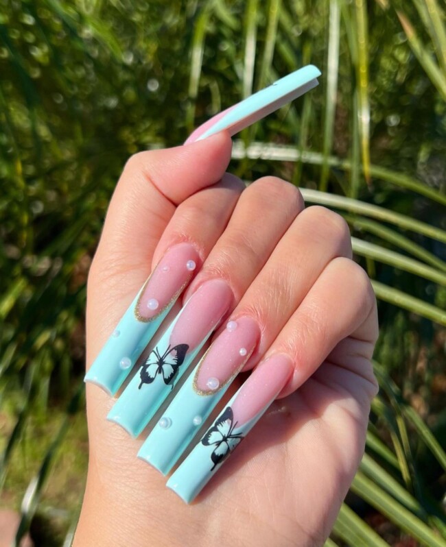 blue french tip nails with butterfly, blue french nails, summer french nails, butterfly nails