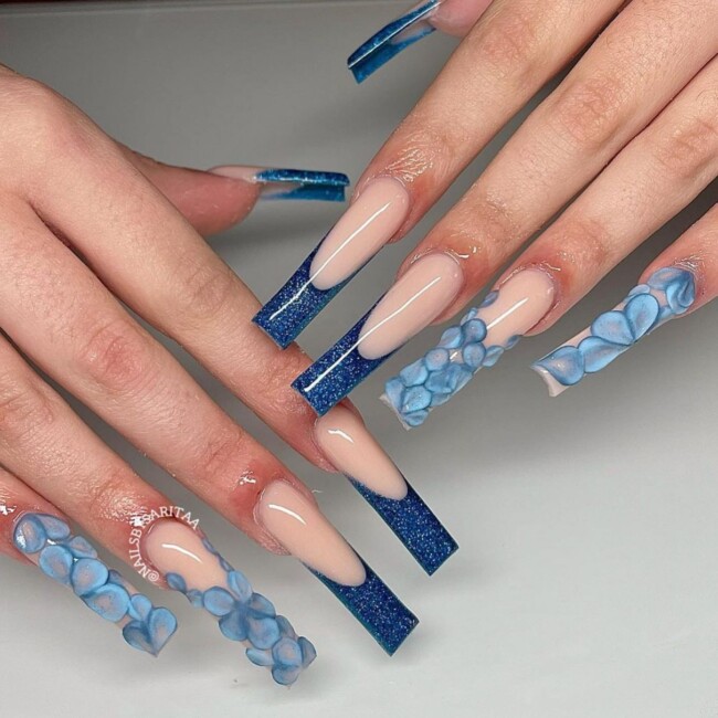 77 Summer French Nails That’ll Match Your Wardrobe — Acrylic Blue French Tips with 3D Flowers