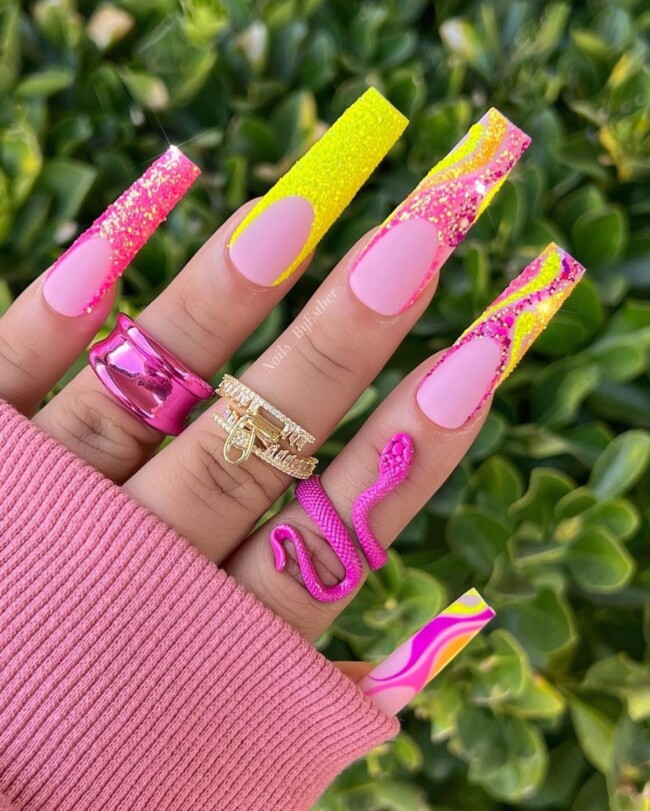 pink and yellow glitter french tip nails, glitter french tips, pink and yellow summer nails, summer french nails