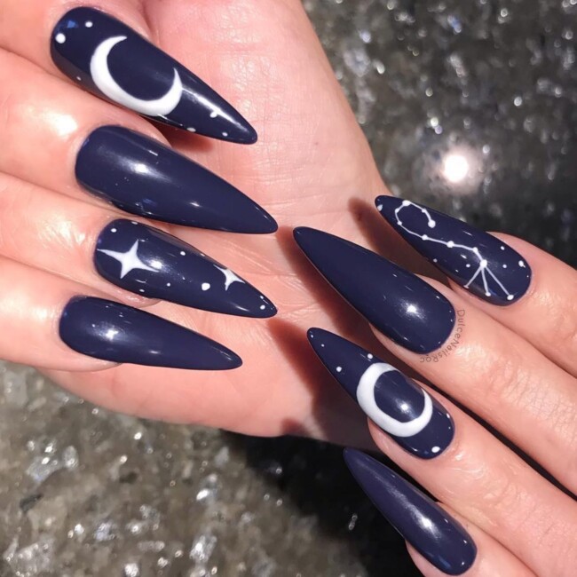 50+ Celestial Nail Art Design — Dark Blue Celestial Stiletto Nails