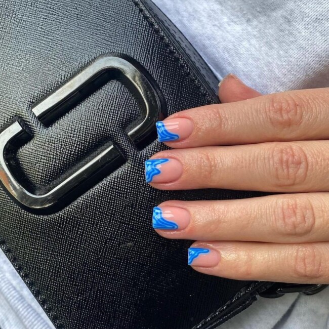 77 Summer French Nails That’ll Match Your Wardrobe — Blue Swirly Abstract Tip Nail Art