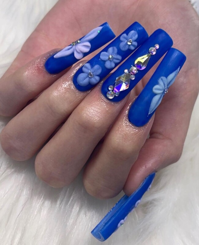 50+ Royal Blue Nail Designs for Everyone — 3D Flower Royal Blue Nails