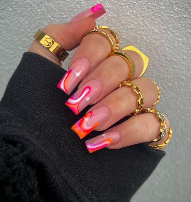 77 Summer French Nails That’ll Match Your Wardrobe — Pink and Orange Wavy French Nails