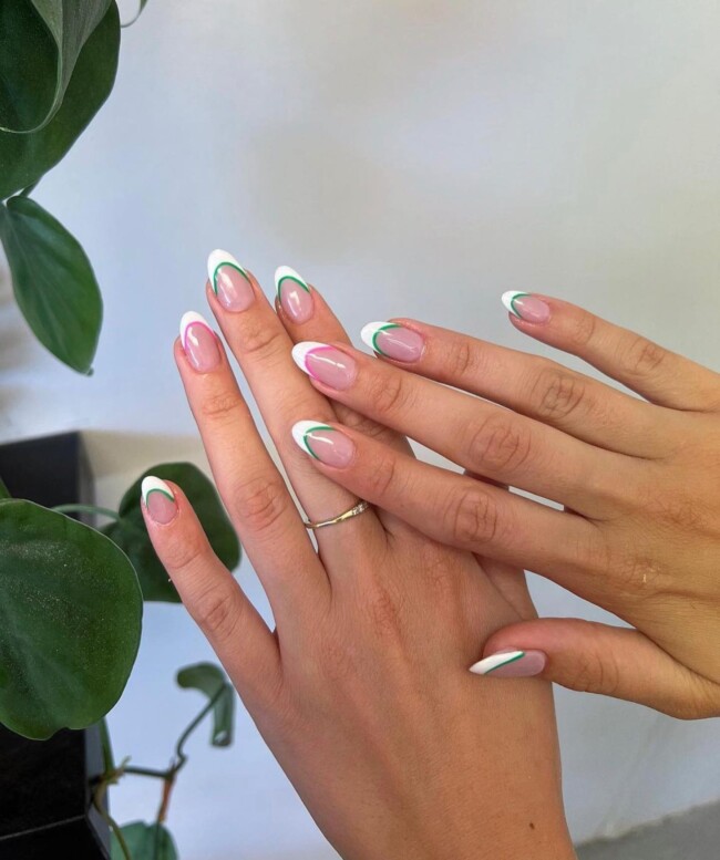 77 Summer French Nails That’ll Match Your Wardrobe — White Tips with Pink and Green Lines