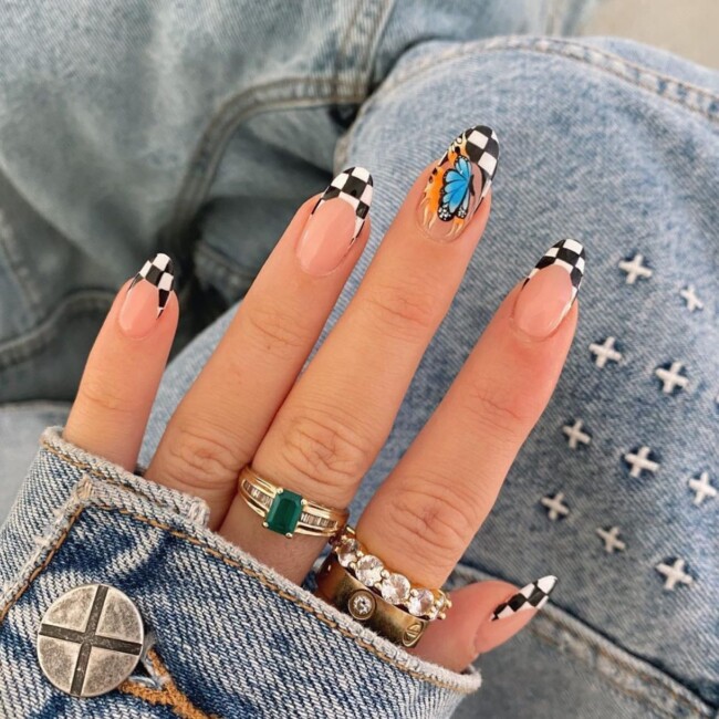 77 Summer French Nails That’ll Match Your Wardrobe — Black Check French Nails with Butterfly