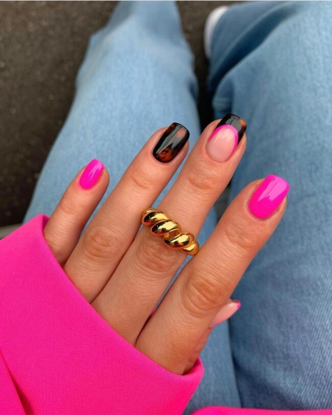 75 Ways to wear Tortoiseshell Nails — Bright Pink & Tortoiseshell Nail Art