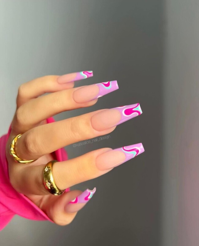 77 Summer French Nails That’ll Match Your Wardrobe — Pink & Turquoise Wavy French Tips