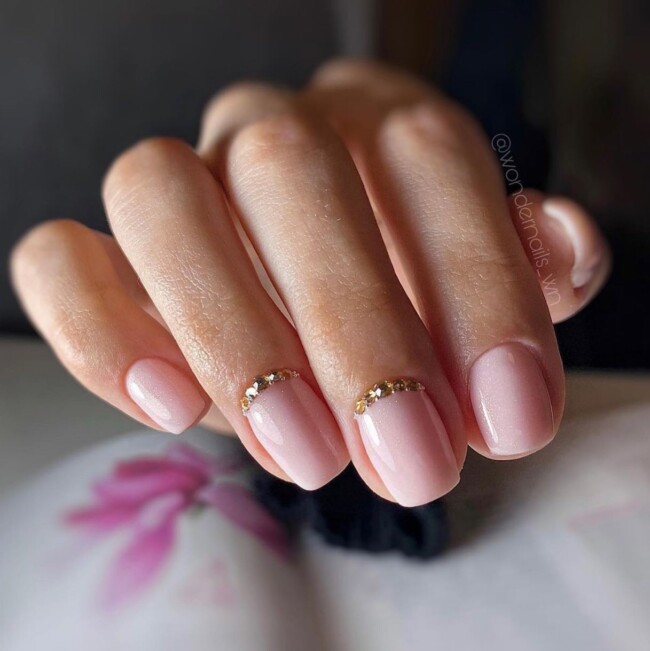 42 Stunning Bridal Nail Art Designs — Gold Rhinestone Cuff Pink Short Nail Art