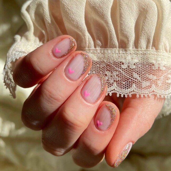 42 Stunning Bridal Nail Art Designs — Glitter Side French + Pink Heart Nail Art