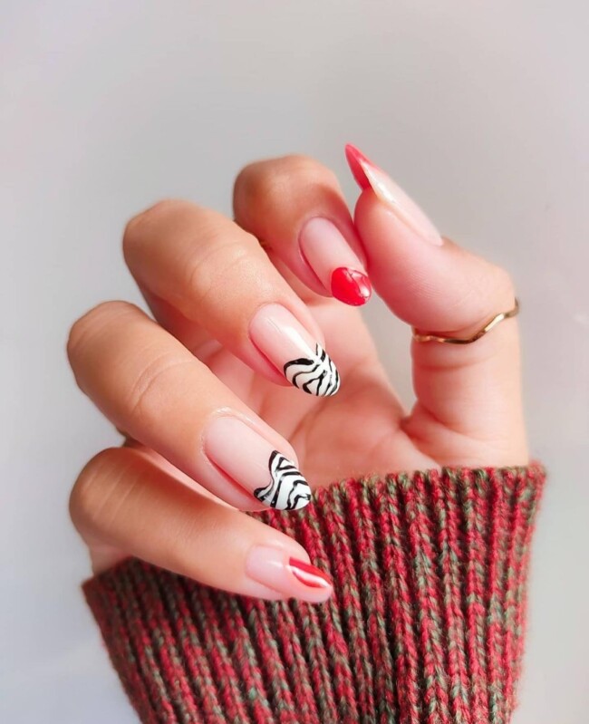 zebra french tip nails, red tip nails, french tip nails, summer french nails