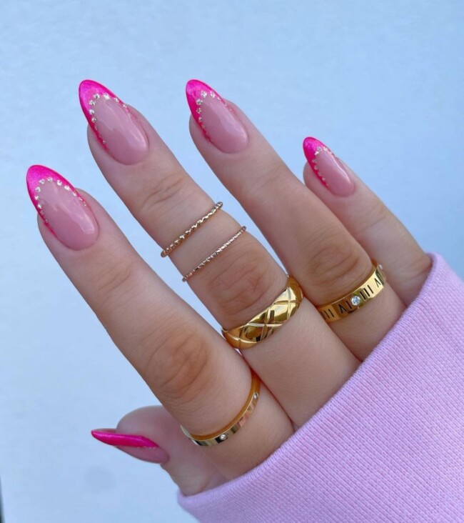 77 Summer French Nails That’ll Match Your Wardrobe — Pink French Nails with Rhinestone Lines