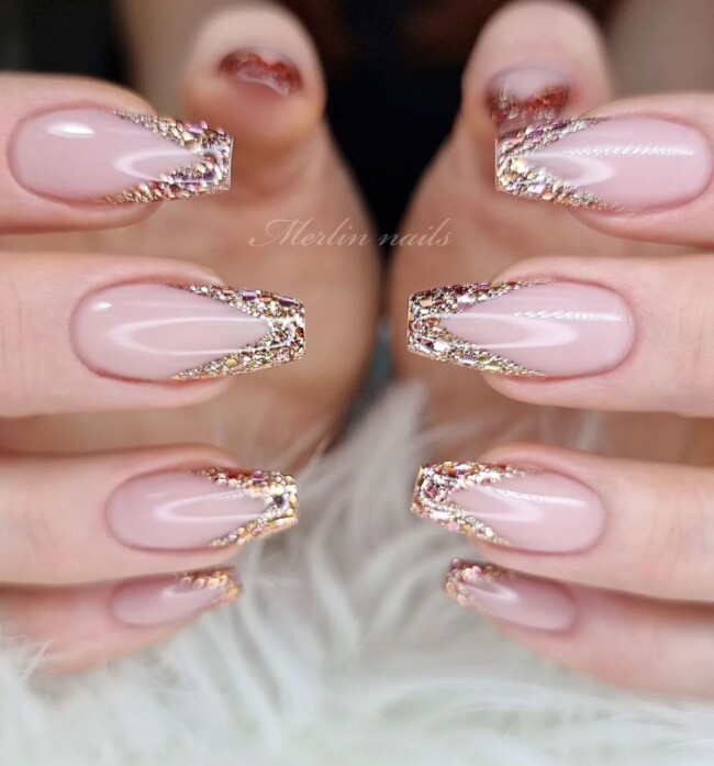 42 Stunning Bridal Nail Art Designs — Glitter V-Shaped French Tip Gel Nail Art