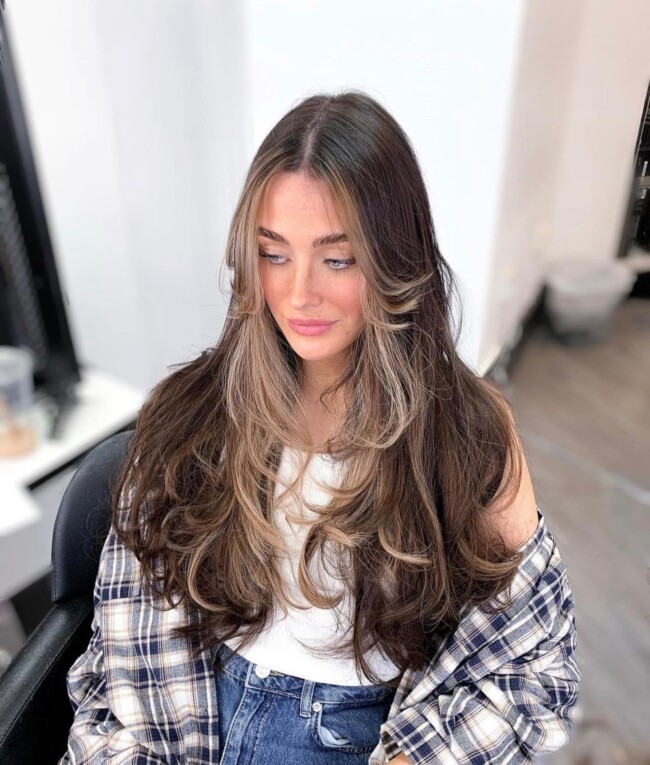 48 Cute and Trendy Long Hair with Curtain Bangs — Cappuccino Brown Face-Framing Curtain Bangs