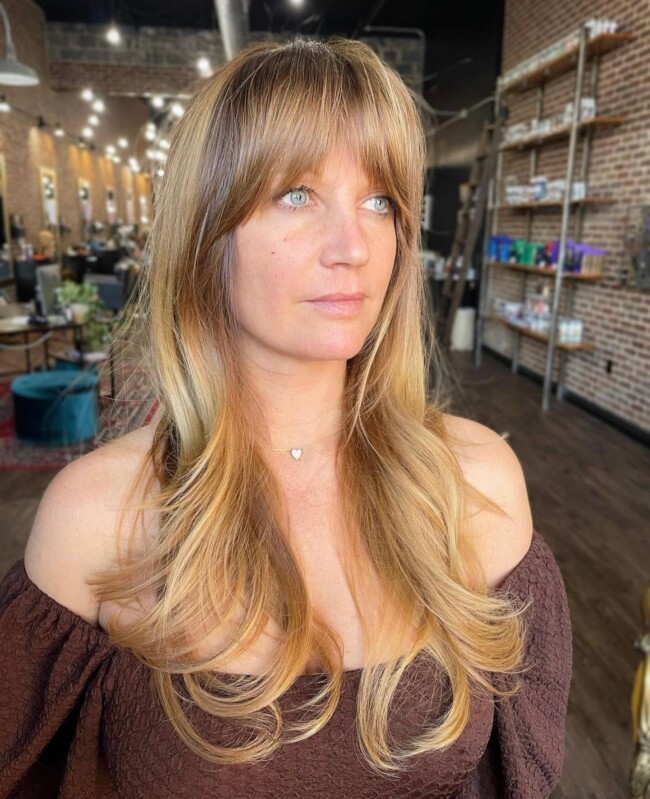 48 Cute and Trendy Long Hair with Curtain Bangs — Mixed Dark Blonde with Wispy & Curtain Bangs