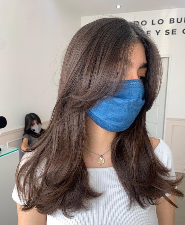 48 Cute and Trendy Long Hair with Curtain Bangs — Dark Chocolate Hair Color + Curtain Bangs