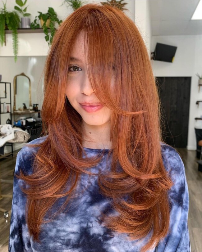 48 Cute and Trendy Long Hair with Curtain Bangs — Red Copper Layered Cut Hairstyle + Bangs