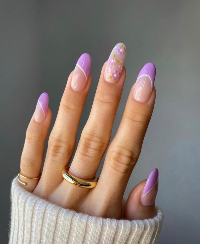 30 Aesthetic Pastel Nails That Are Perfect For Spring — Flower + Lilac French Tip Nails